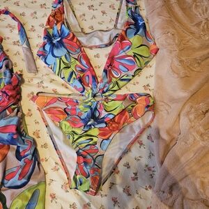 Vibrant Floral Cutout Swimsuit And Sarong Set